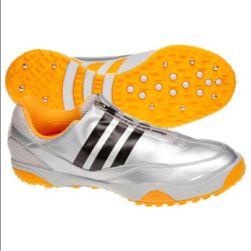 Adidas silver and orange high jump spikes